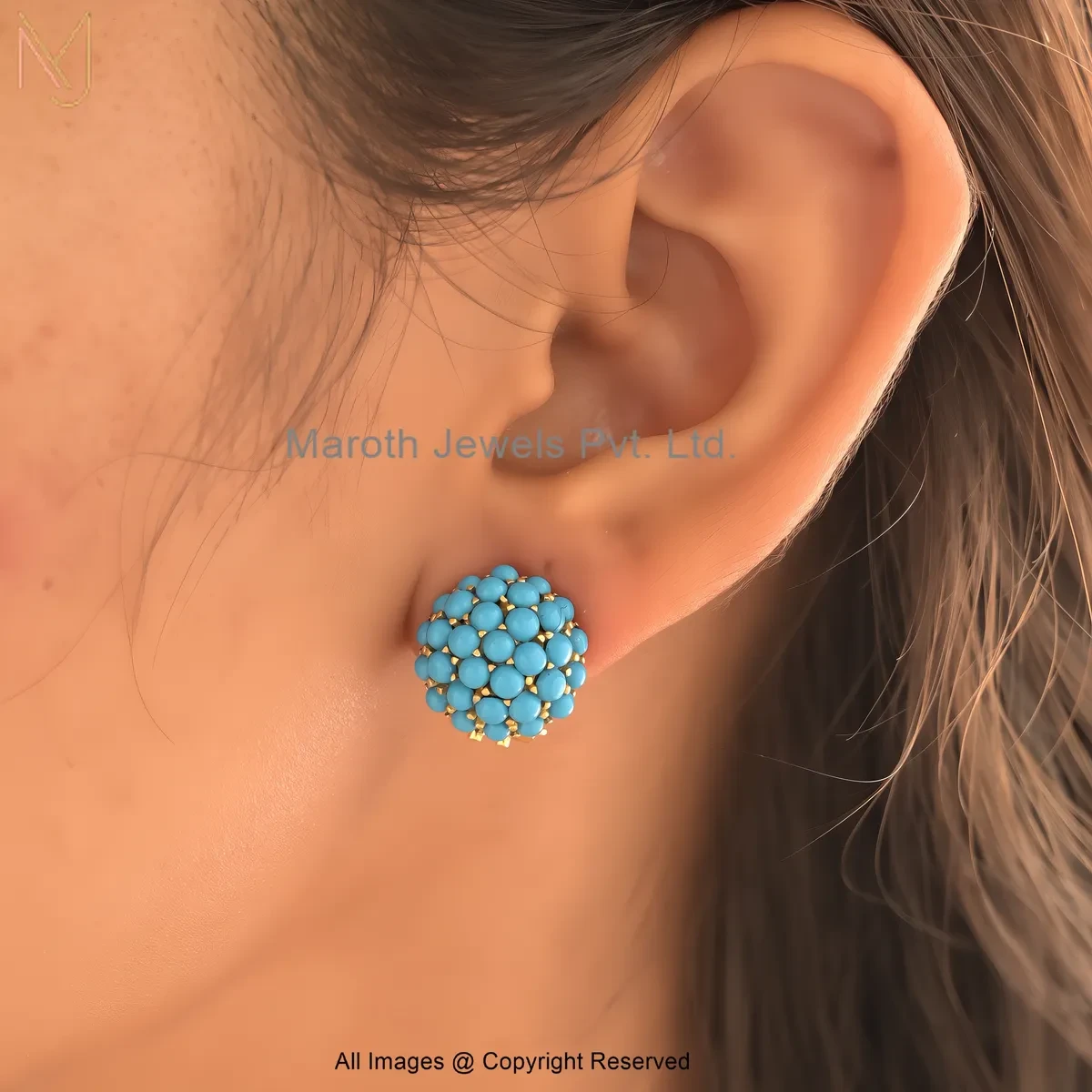 925 Silver Yellow Gold Plated Turquoise Cluster Stud Earrings Custom Jewelry