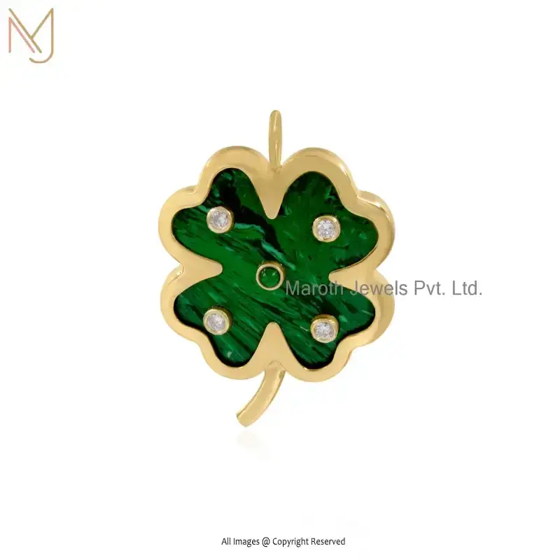 925 Silver Yellow Gold Plated Moonstone & Blue Topaz And Malachite Leaf Clover Flower Pendant USA