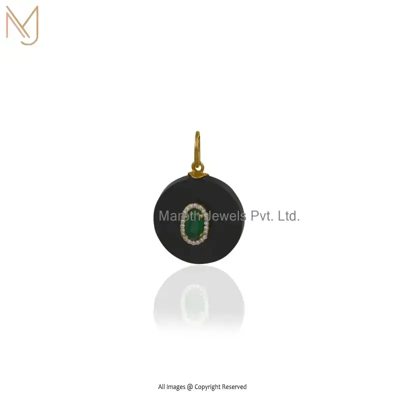 14K Yellow Gold Cubic Zircon & Black Onyx Disc Pendant Custom Jewelry