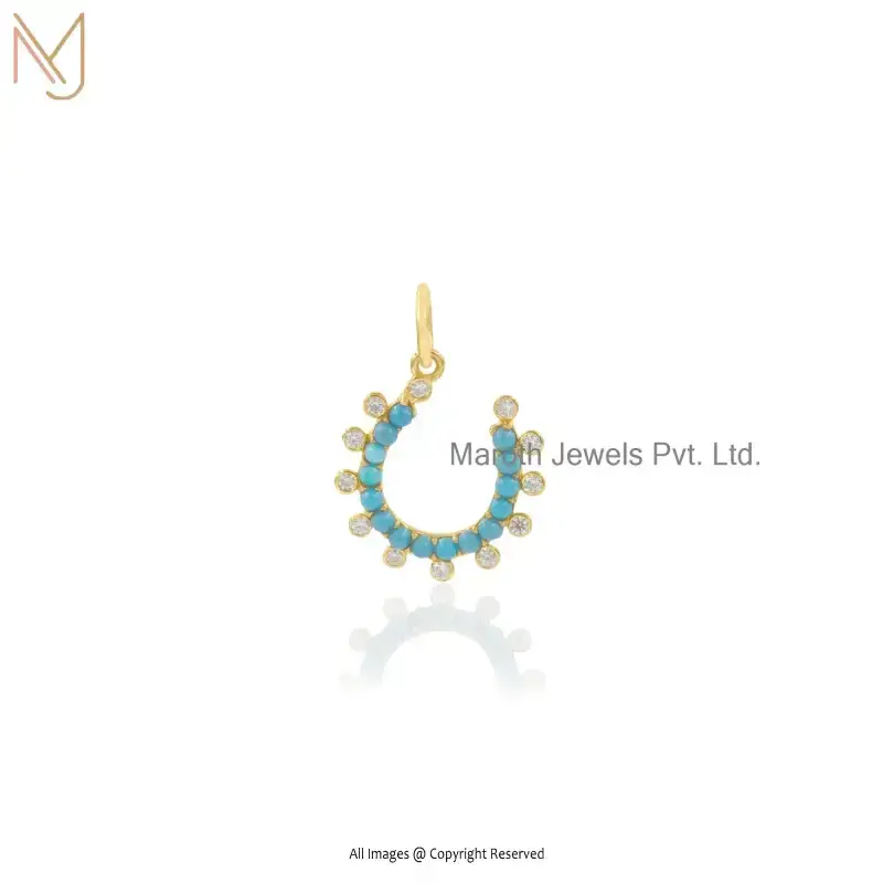 14K Yellow Gold Emerald & Moissanite Beautiful Horseshoe Gemstone Pendant USA