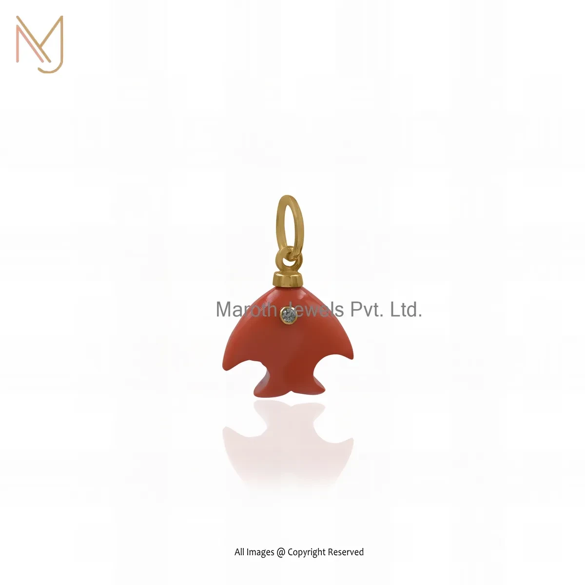 Private Lable 14K Yellow Gold Cubic Zircon & Orange Coral Gemstone Fish Pendant