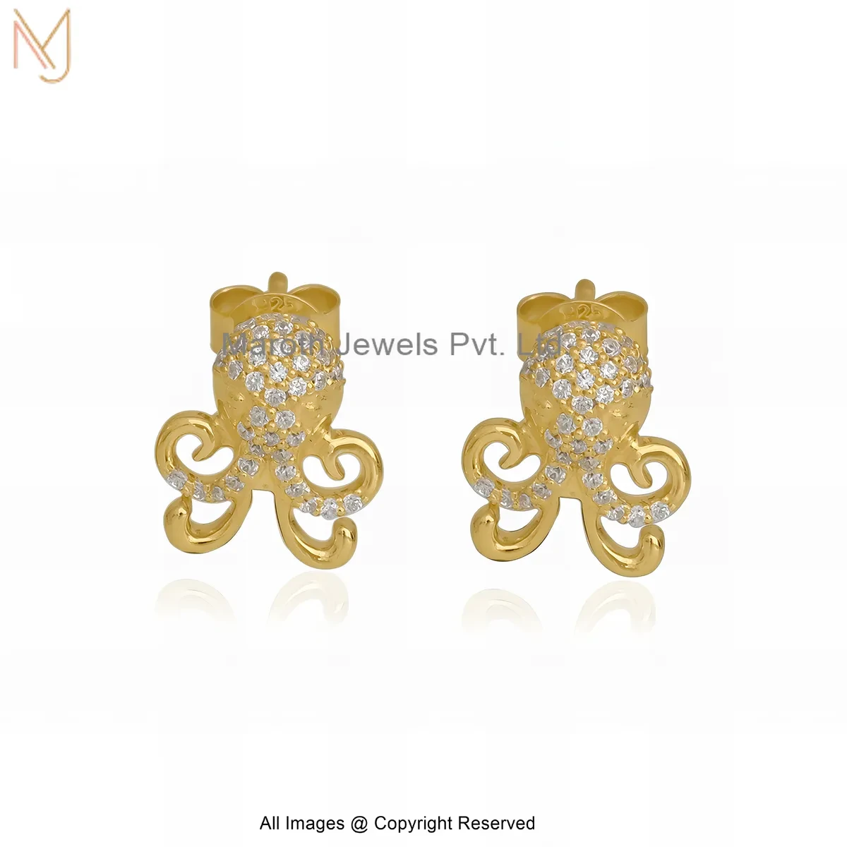 925 Silver Yellow Gold Plated Cubic Zircon Royal Octopus Diamond Stud Earrings Manufacturer