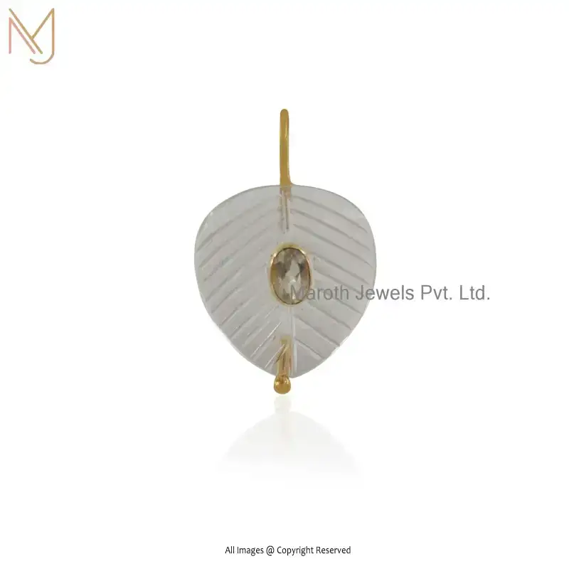 Private Lable 925 Silver Yellow Gold Plated Clear Quartz & White Topaz Gemstone Tambulam Betel Leaf Pendant