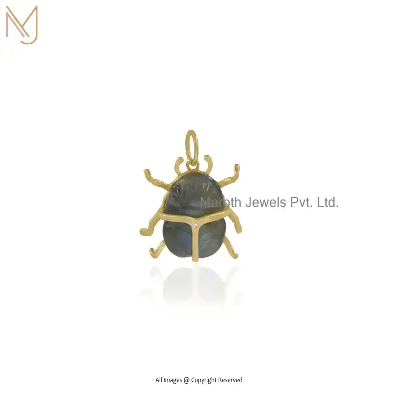 Wholesale 925 Silver Yellow Gold Plated Pink Opal Scarab Beetle Gemstone Pendant