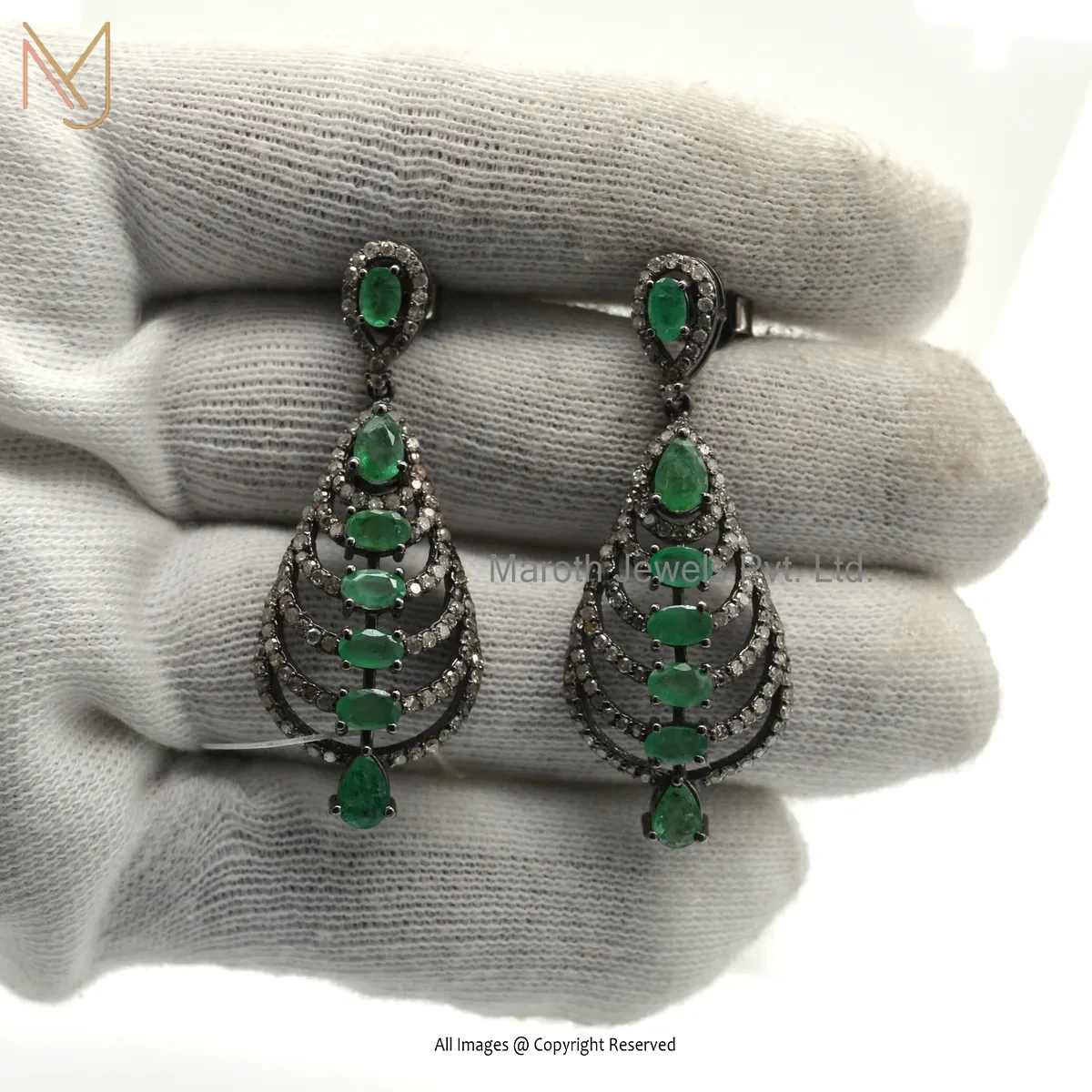 925 Silver Rhodium Plated Pave Diamond Emerald Gemstone Drop Earring Custom Jewelry