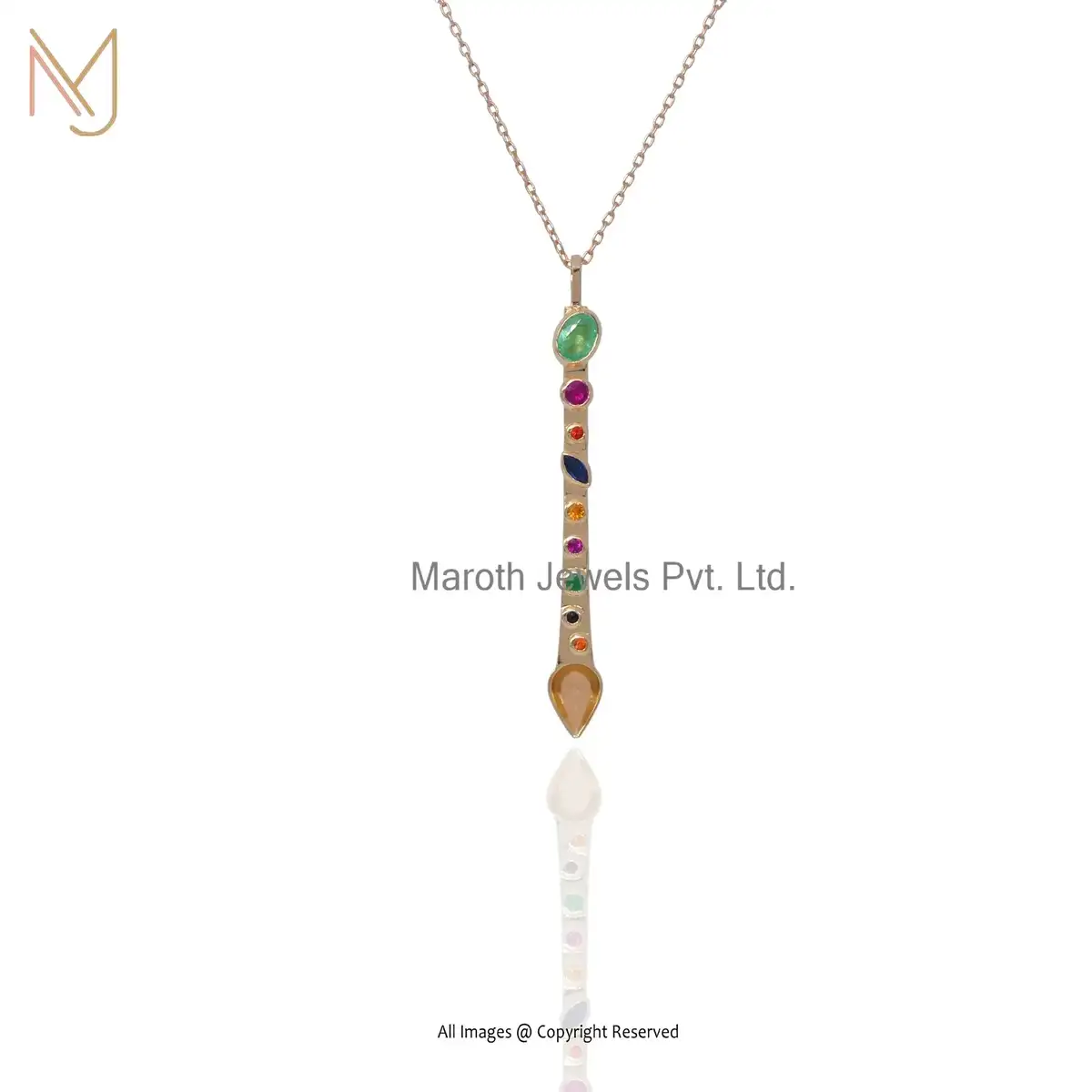 Private Lable 14K Yellow Gold Multi Gemstone New Born Baby Spoon Pendant