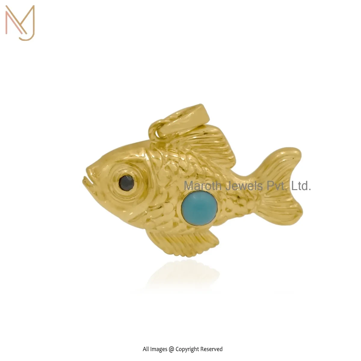 925 Silver Yellow Gold Plated Black Spinel & Turquoise Fish Pendant Manufacturer