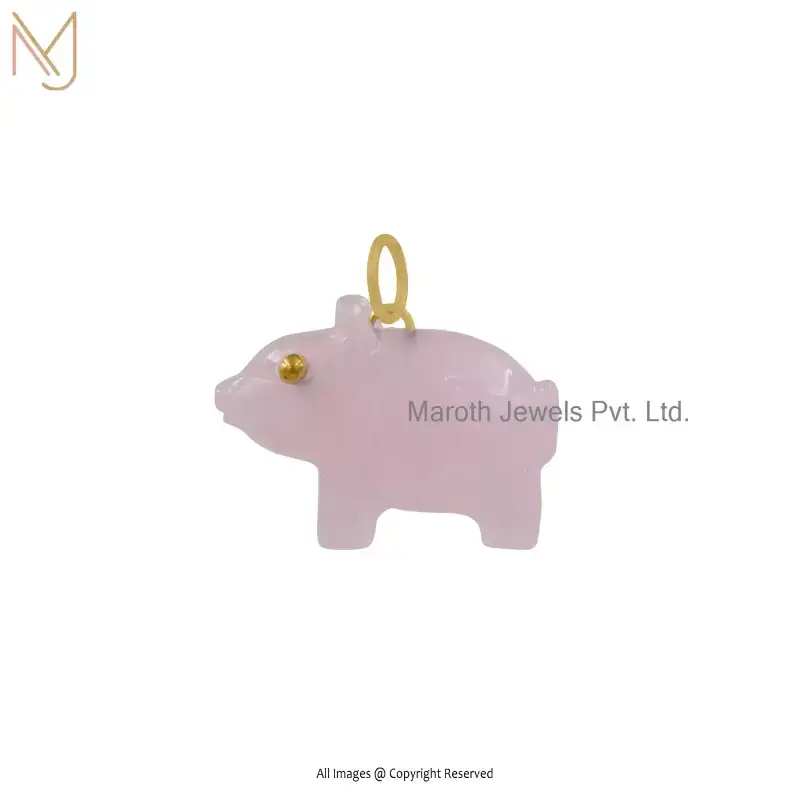 925 Silver Yellow Gold Plated Rose Quartz Pig Charm Pendant Custom Jewelry
