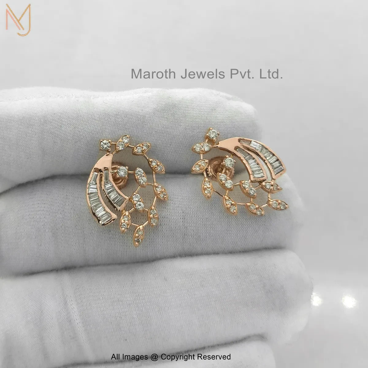 925 Silver Rose Gold Pave Diamond Baguette Stud Earring Jewelry Supplier