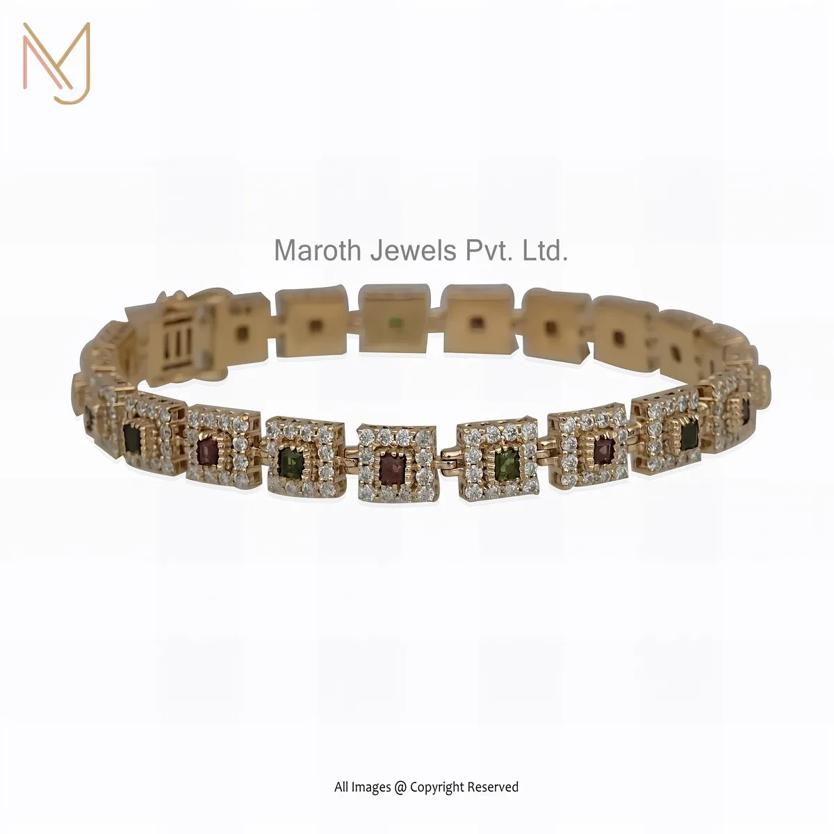 14K Yellow Gold Moissanite Multi Gemstone Chain Bracelet Jewelry Supplier