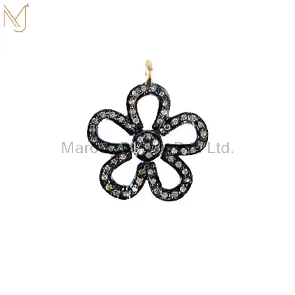 Private Lable 925 Sterling Silver Vintage Style Natural Pave Diamond Flower Charm Pendant Jewelry