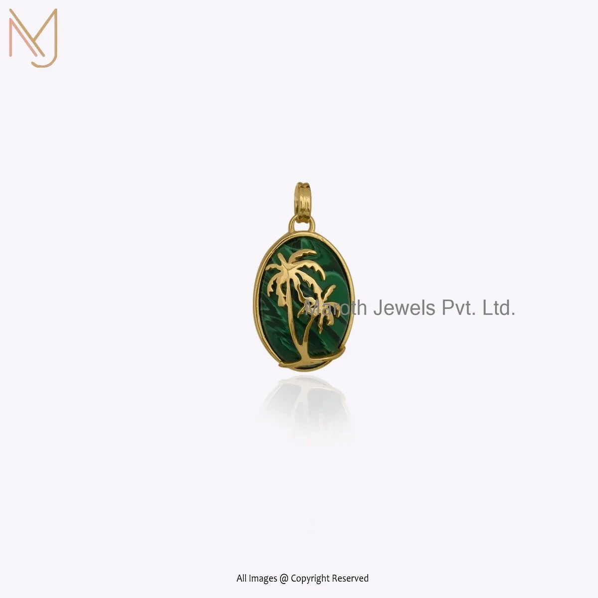 Wholesale 925 Silver Yellow Gold Plated Malachite Island Palm Tree Oval Pendant