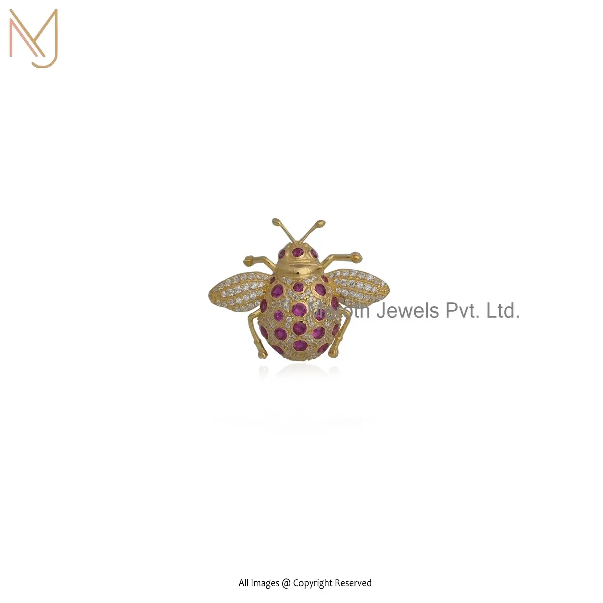 Private Lable 925 Silver Yellow Gold Plated Ruby Cubic Zircon Bee Charm Pendant