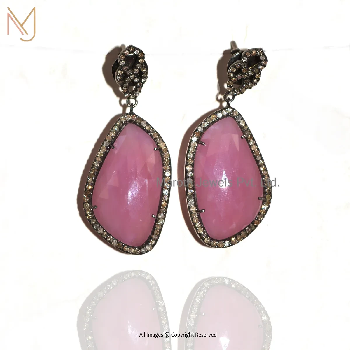 925 Silver Rhodium Plated Pave Diamond Rose Quartz Drop Earring Jewelry Supplier