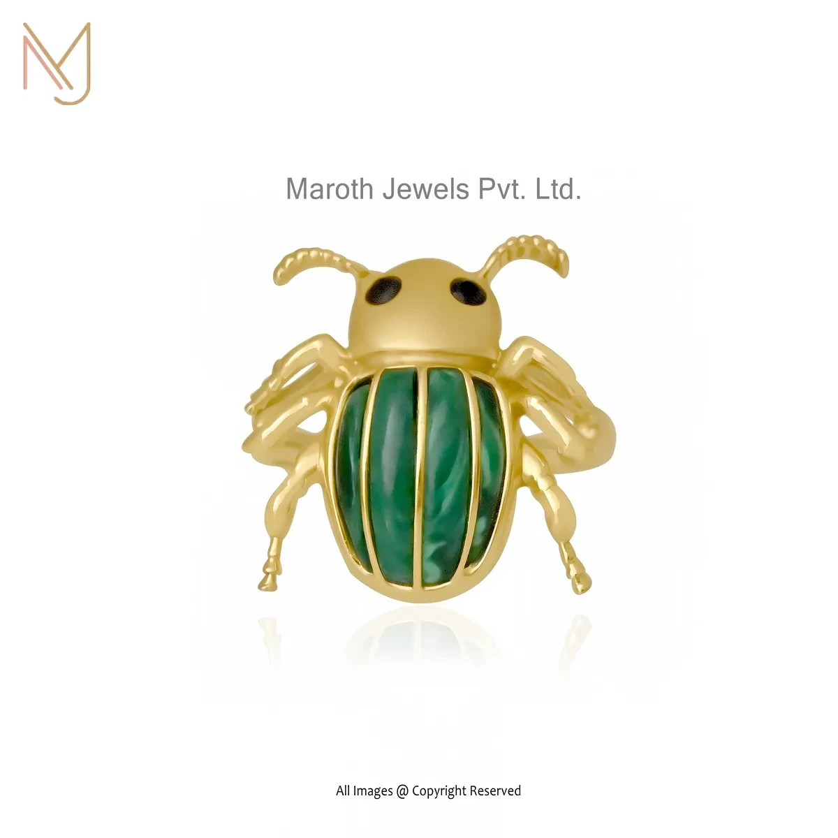 Wholesale 925 Silver Yellow Gold Plated Malachite And Black Cubic Zircon Scarab Ring