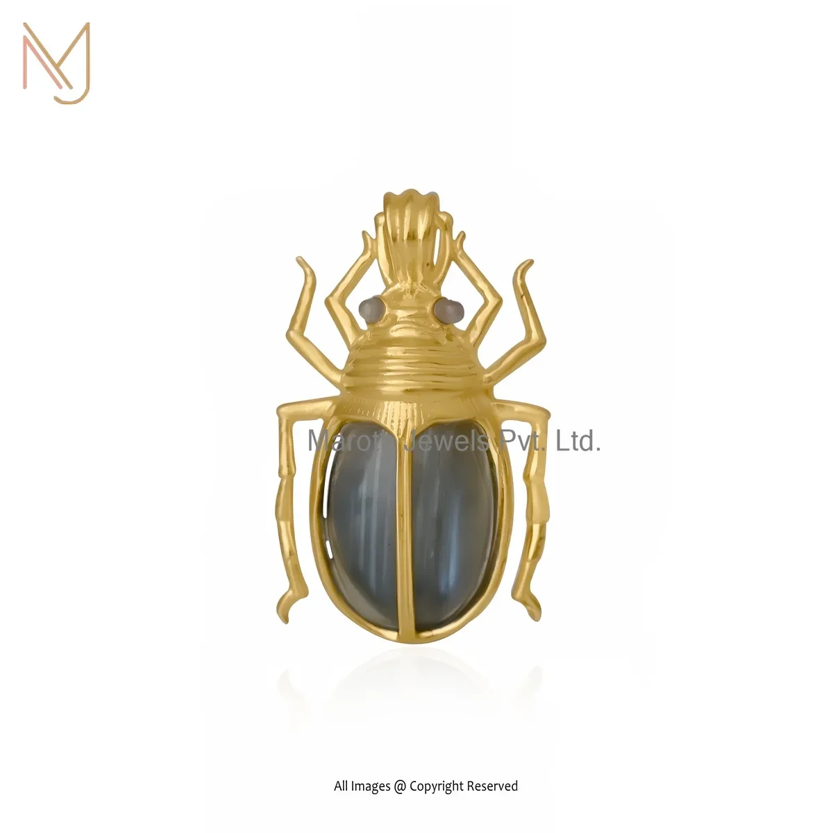 14K Yellow Gold Labradorite And Black Spinel Scarab Pendant Jewelry USA