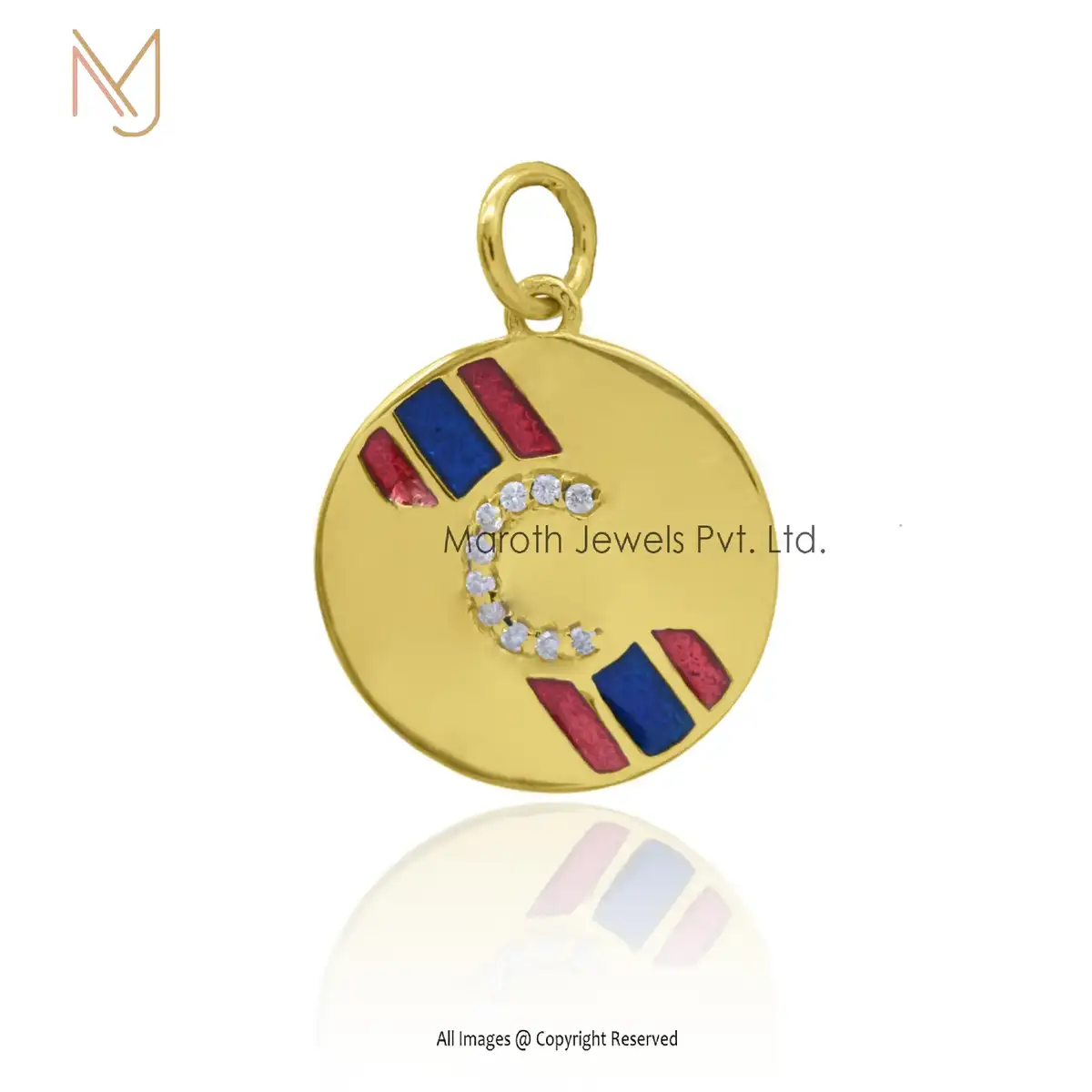 Private Lable 925 Silver Yellow Gold Pave Diamond Red And Blue Enamel C Initial Monogram Pendant Jewelry