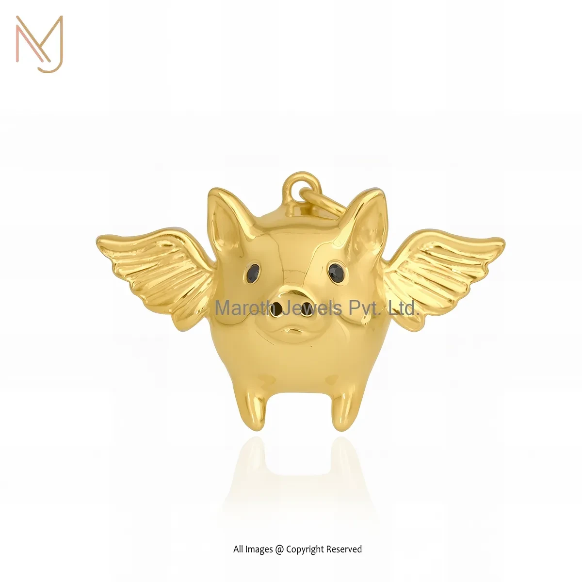 14K Yellow Gold Black Spinel Pig Flying Charm Pendant Manufacturer