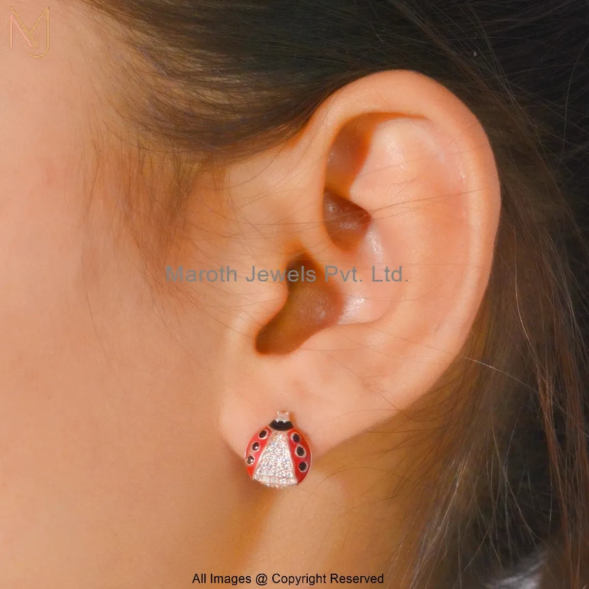 14K Rose Gold Cubic Zircon Red Enamel Ladybug Stud Earring Jewelry Supplier
