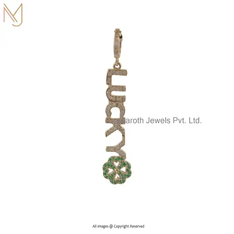 Private Lable 925 Silver Yellow Gold Plated Pave Diamond And Emerald Letter Lucky Pendant