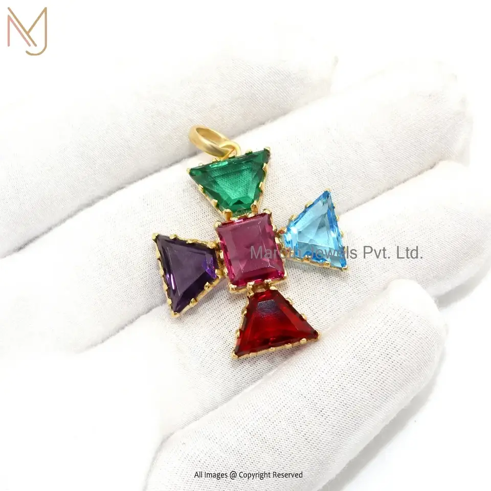 Wholesale 14K Yellow Gold Multi Gemstone Cross Design Hydro Pendant
