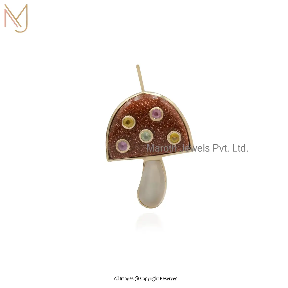 Private Lable 14K Yellow Gold Opal & Multi Gemstone Mushroom Pendant