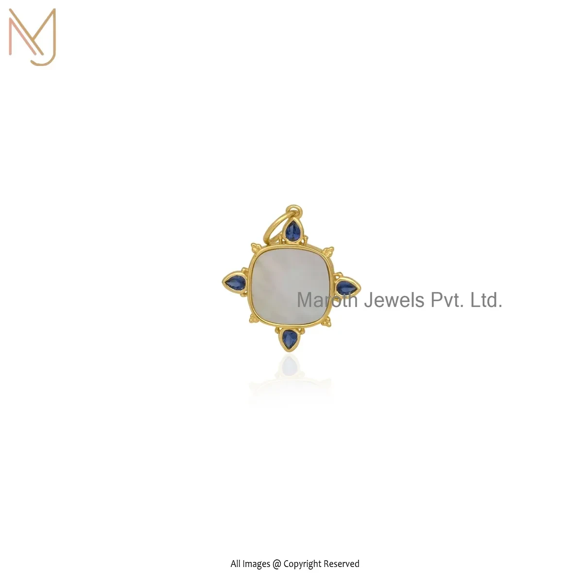 Private Lable 925 Silver Yellow Gold Plated Blue Cubic Zircon & Mother Of Pearl Square Pendant