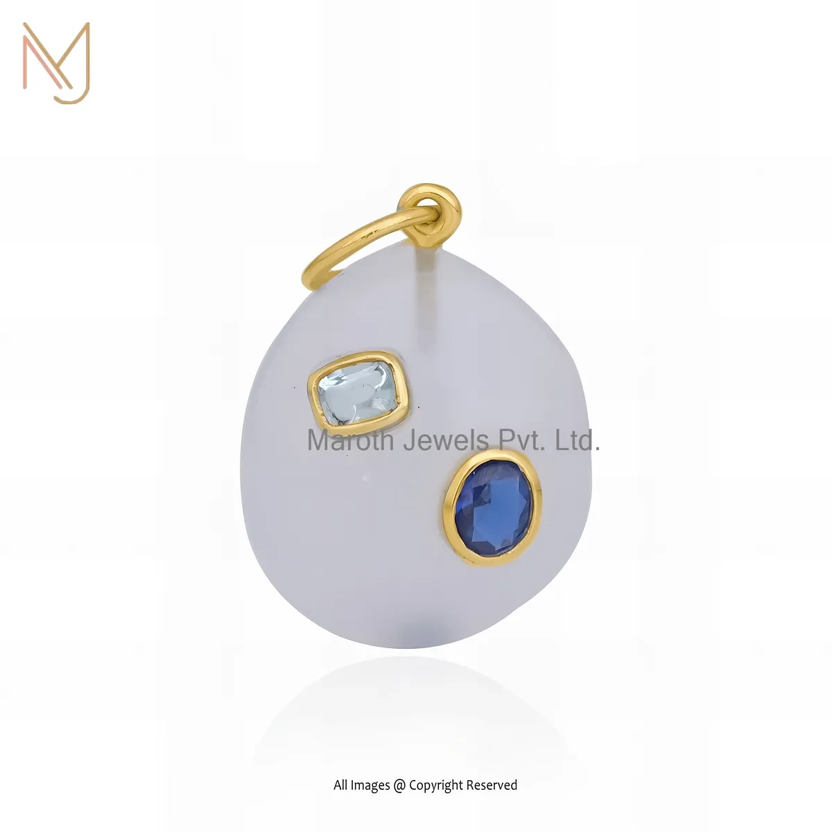 925 Silver Yellow Gold Plated Blue Cubic Zircon & Blue Topaz And Gray Chalcedony Oval Pendant USA