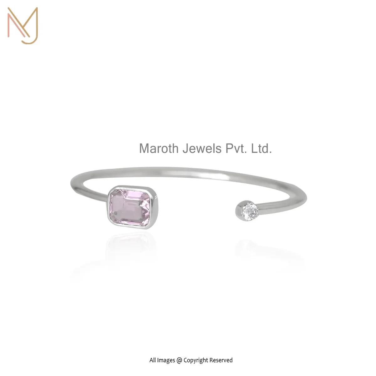 14K White Gold Cubic Zircon & Pink Sapphire Cuff Bangle Manufacturer