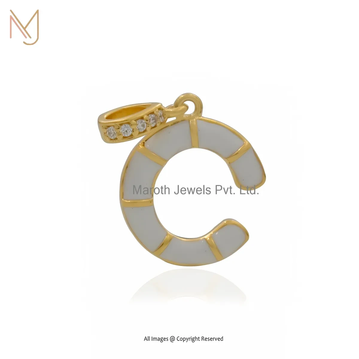 925 Silver Yellow Gold Plated Cubic Zircon & White Enamel Initial Letter Pendant Manufacturer