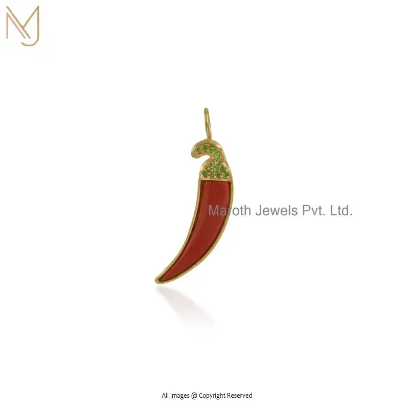 14K Yellow Gold Red Coral Chili Horn Pendant Custom Jewelry