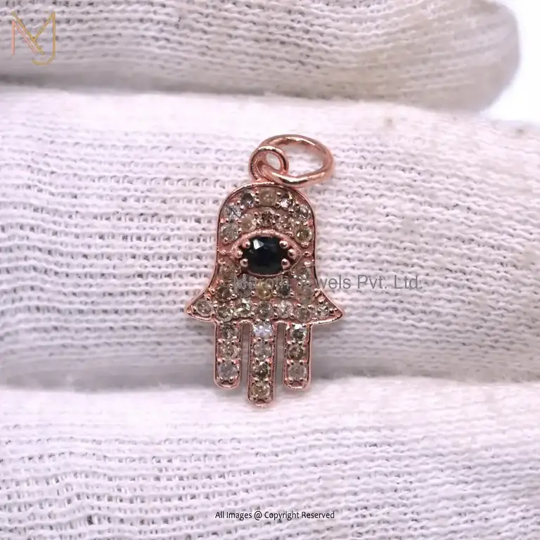 14K Yellow Gold Cubic Zircon & Ruby Gemstone Hamsa Pendant Jewelry Manufacturer