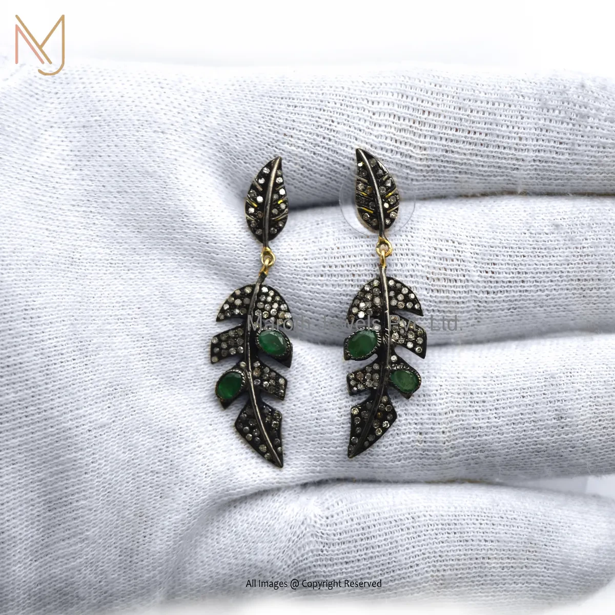 Private Lable 14K Yellow Gold Pave Diamond Emerald Gemstone Leaf Style Dangle Earring