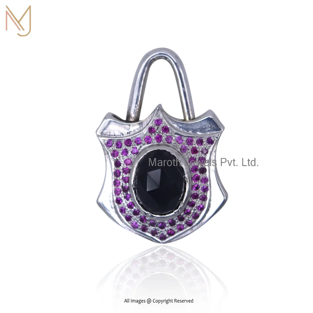 Private Lable 925 Silver Yellow Gold Plated Pink Sapphire And Black Onyx Padlock Pendant