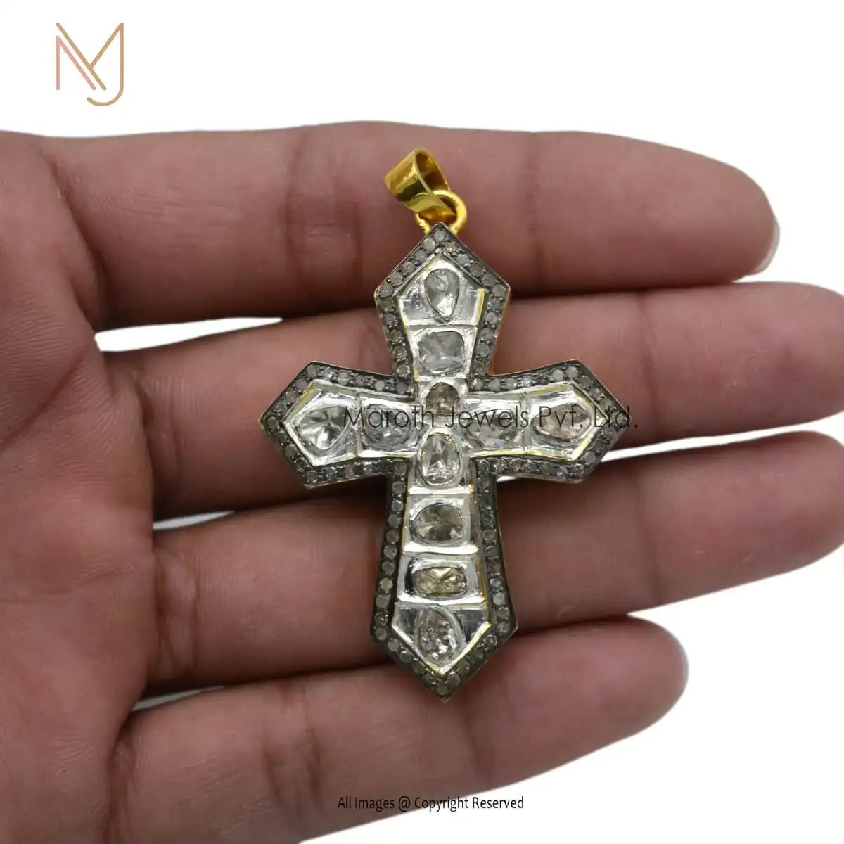925 Silver Polki Pave Diamond Cross Custom Pendant USA