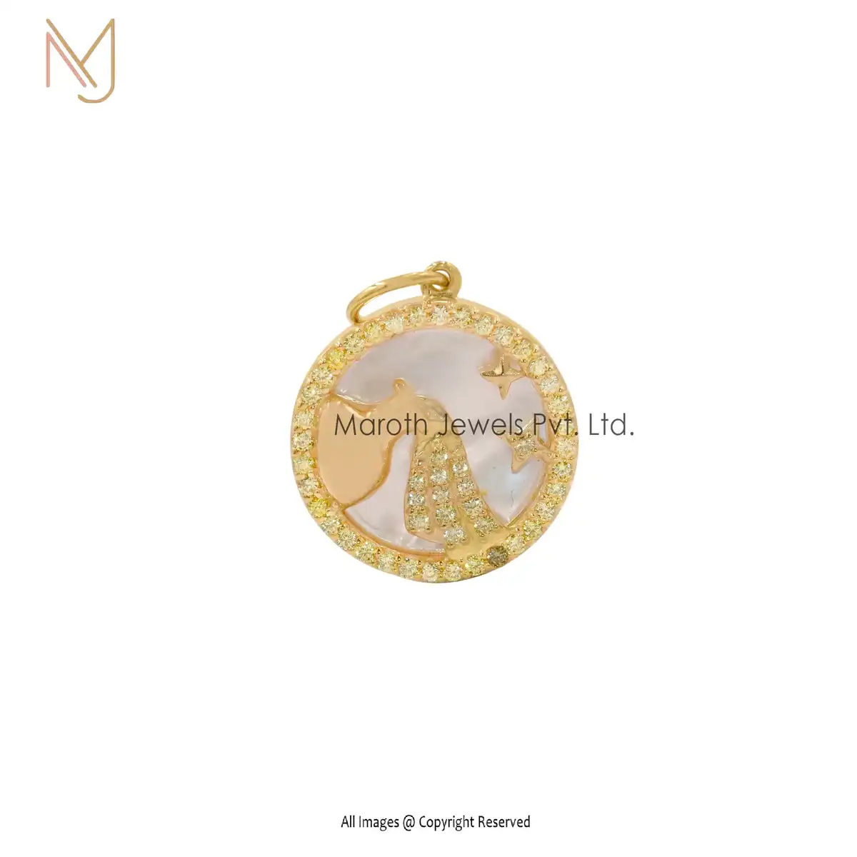 925 Silver Yellow Gold Mother of Pearl & Yellow Sapphire Gemstone Zodiac Disc Pendant USA