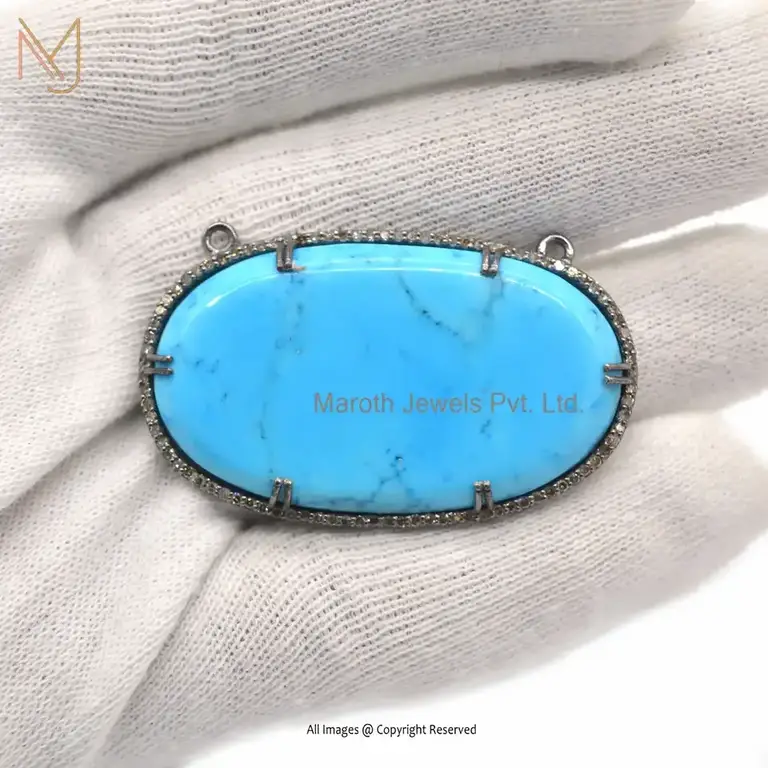 925 Silver Rhodium Plated Pave Diamond Turquoise Gemstone Jewelry Pendant Custom Jewelry