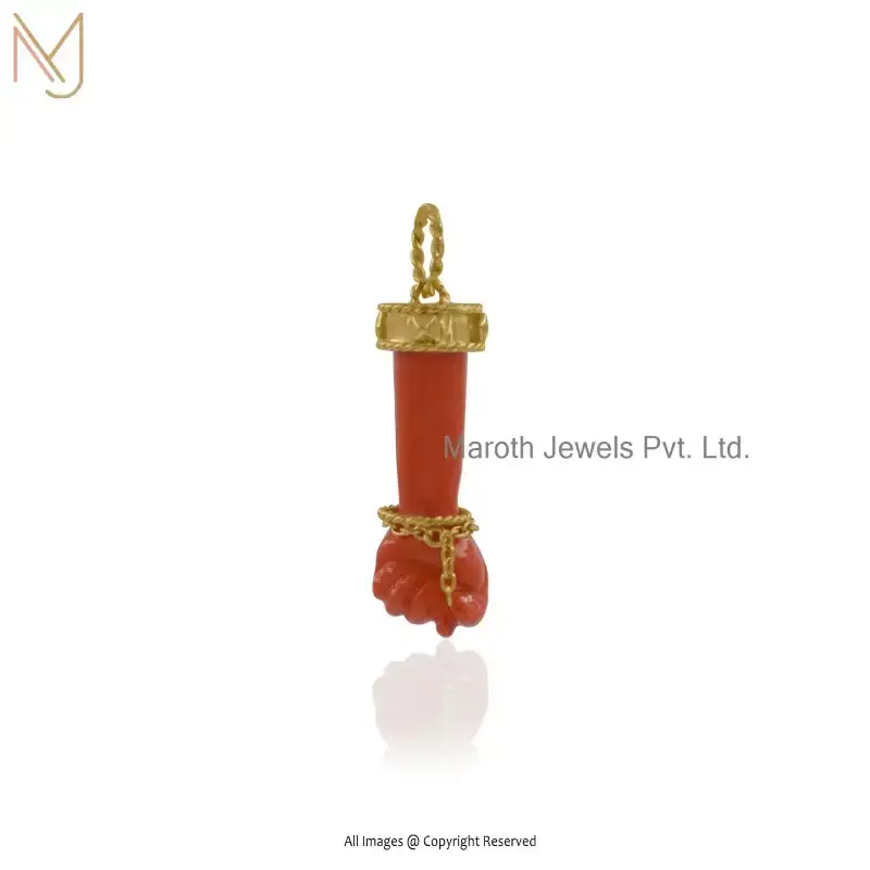 14K Yellow Gold Coral Gemstone Figa Hand Pendant Jewelry Supplier
