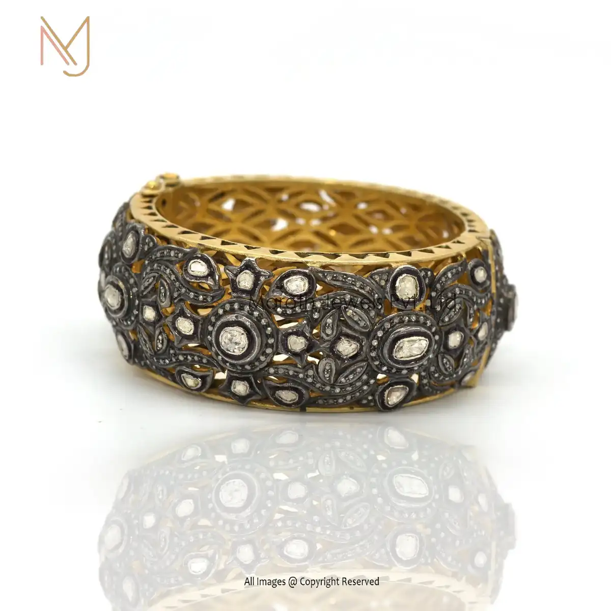 925 Silver Rhodium Yellow Gold Pave Diamond Victorian Rose Cut Diamond Bangle Jewelry Supplier