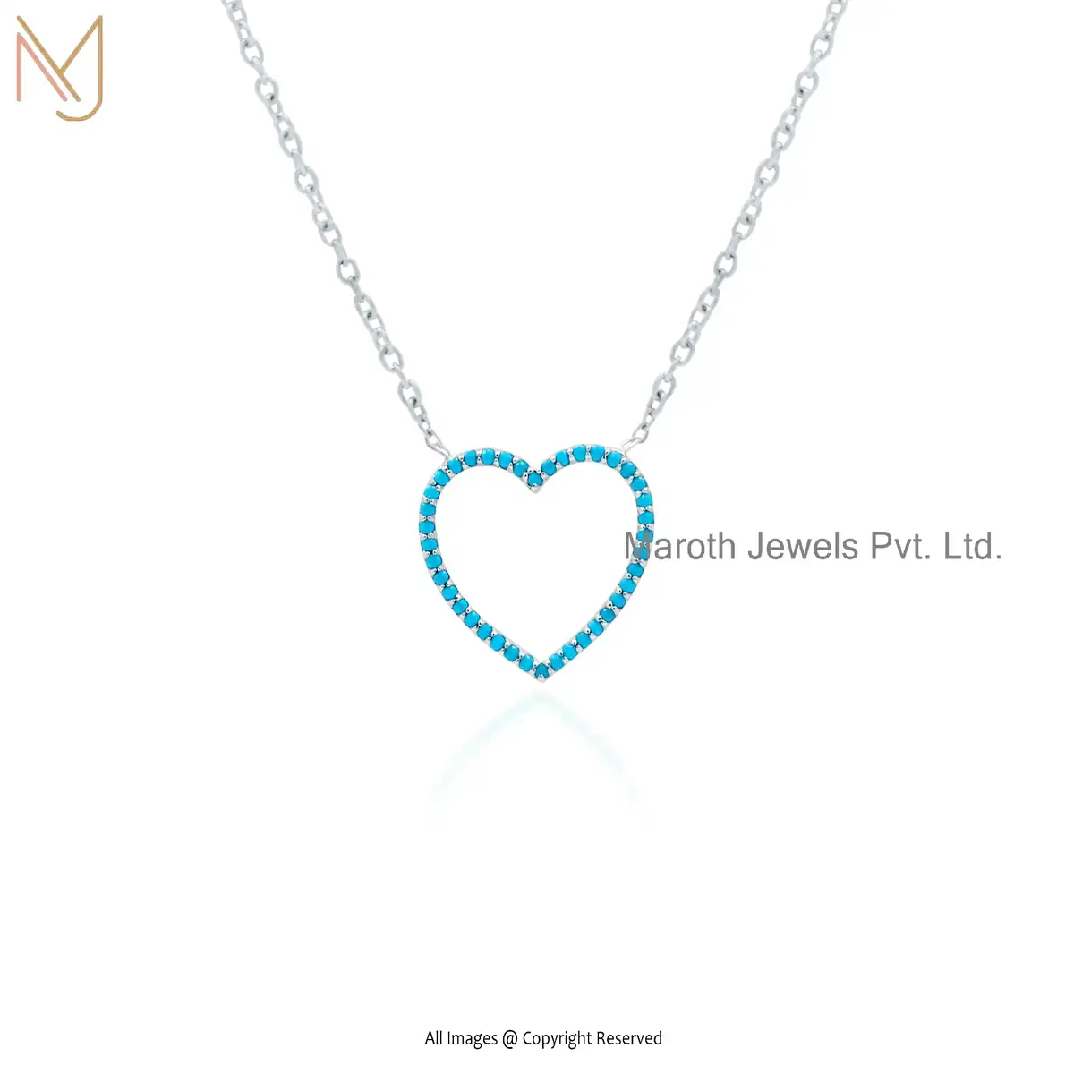 14K Yellow Gold Turquoise Heart Pendant With Chain Necklace Set USA