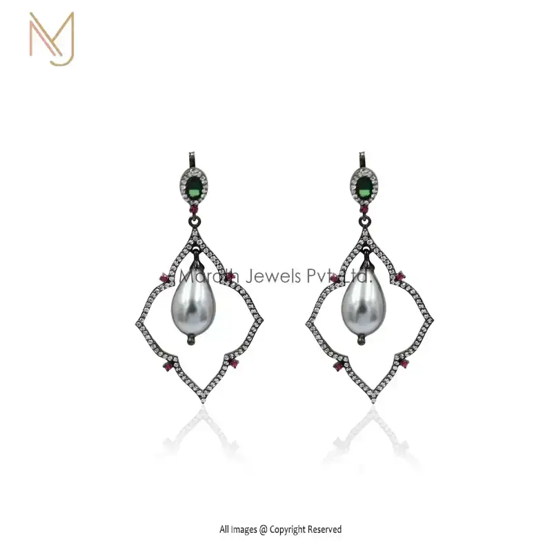 925 Silver Black Rhodium Pave Diamond Pearl And Emerald Ruby Gemstone Earring Manufacturer