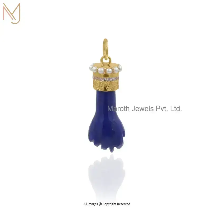 925 Silver Yellow Gold Plated Rose Quartz And Pearl & Pink CZ Gemstone Figa Pendant Jewelry Supplier