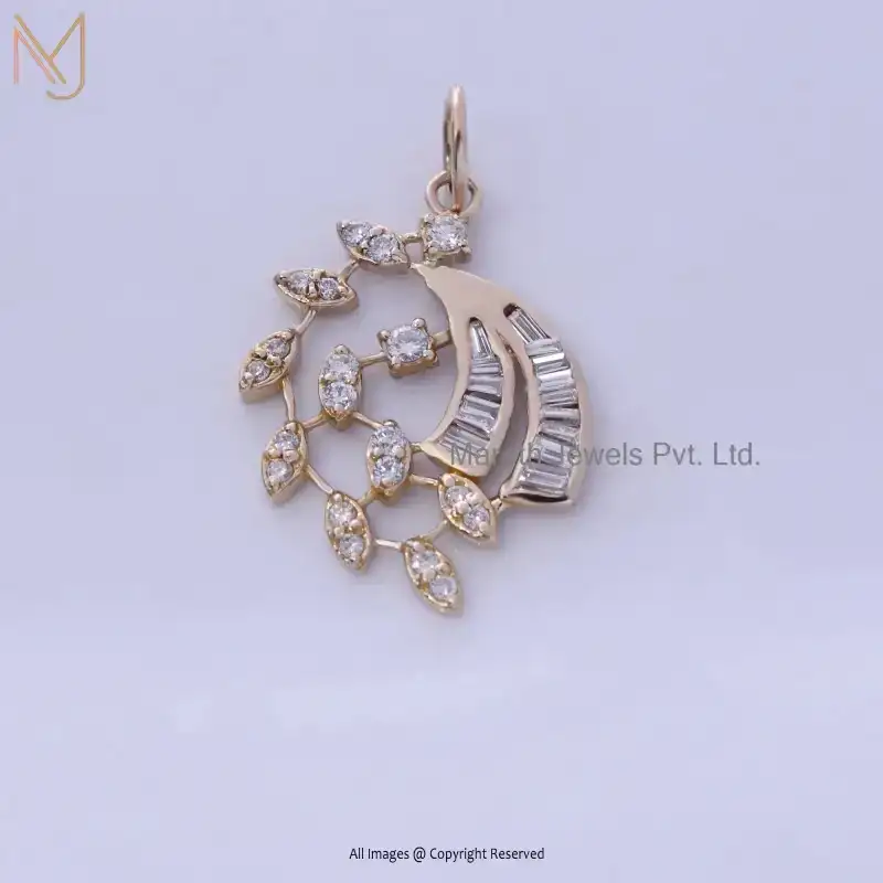 18K Yellow Gold & Rose Gold Pave Diamond And Baguettes Leaf Pendant USA
