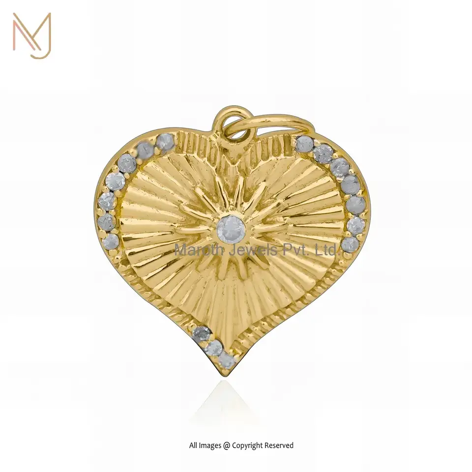 Wholesale 925 Sterling Silver Yellow Gold Plated Diamond & Cubic Zircon Fluted Heart Pendant