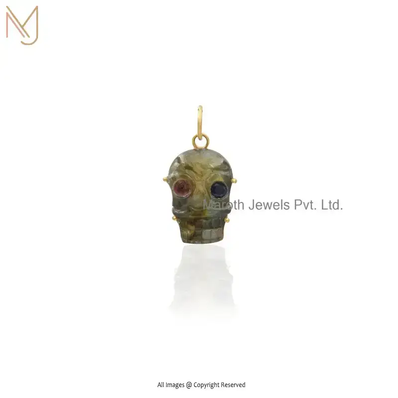 Private Lable 925 Silver Yellow Gold Plated Labradorite Carved Tiger Eye Skull Pendant