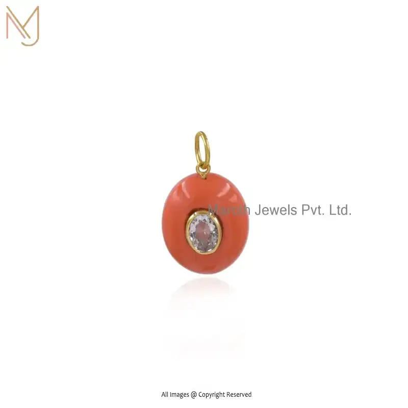 14K Yellow Gold Coral & White Cubic Zircon Oval Coconut Pendant Manufacturer
