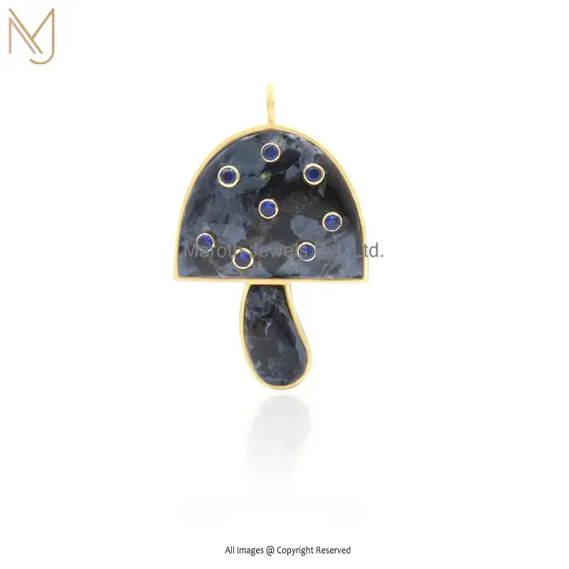 925 Silver Yellow Gold Gunmetal Stone & Round CZ Mushroom Pendant Jewelry Supplier