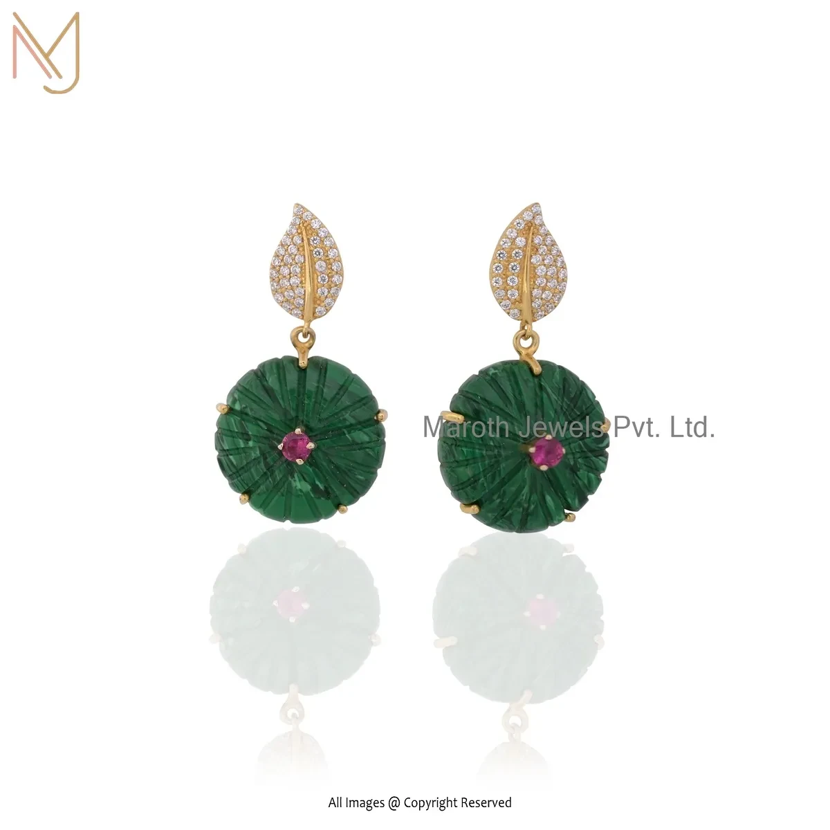 Wholesale 14K Yellow Gold Malachite & Cubic Zircon Flower Earring