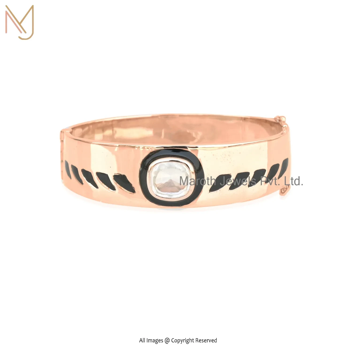 Wholesale 925 Sterling Silver Yellow Gold Plated Black Enamel And White Topaz UnCut Polki Jewelry Bangle