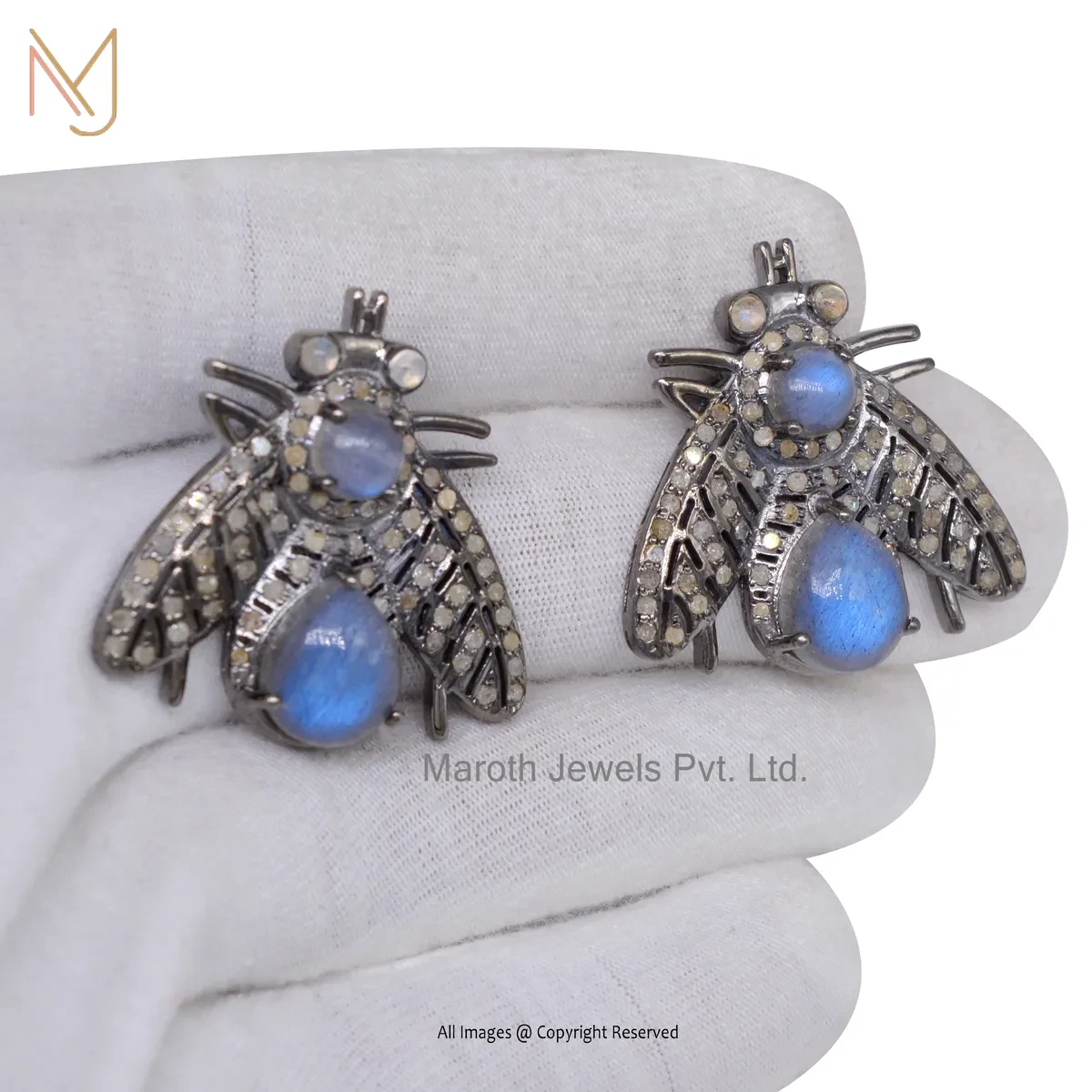 14K White Gold Diamond Labradorite Bee Honey Stud Earring Custom Jewelry